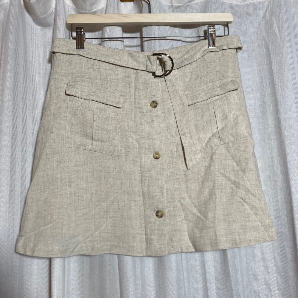 Preppy Minimalist Beige Linen Look Button Front Mini Skirt Belt Pockets L IJOAH